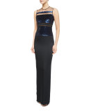 Sleeveless Sequin-Stripe Gown, Black