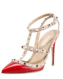 Rockstud Two-Tone Patent Sandal, Red 