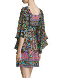 Flutter-Sleeve Mixed-Print Mini Dress, Black