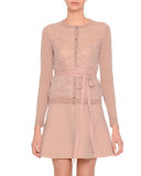 Long-Sleeve Belted Lace-Front Cardigan, Skin