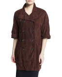 Double-Breasted 3/4-Sleeve Suede Coat, Henna