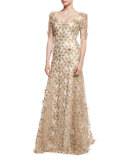 Floral-Appliqué Half-Sleeve Gown, Copper