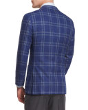 Cashmere-Blend Plaid Two-Button Jacket w/ Patch Pockets, Navy/Brown