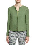 Long-Sleeve Round-Neck Tweed Jacket, Green