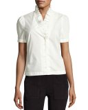 Ruffle-Neck Short-Sleeve Blouse, Blanc