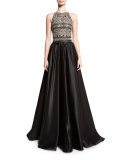Beaded Racerback Ball Gown, Black/Silver