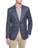 Plaid Two-Button Sport Jacket, Blue/Camel
