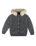 Hooded Basketweave Cardigan, Gray, Size 4-6