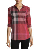 Long-Sleeve Check Cotton Shirt, Berry Red