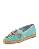 Crystal-Embellished Suede Espadrille, Aqua