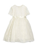 Dawn Short-Sleeve Lace Dress, Ivory, Size 2-14