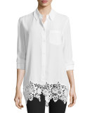 Reese Button-Front Lace-Hem Blouse, Bright White