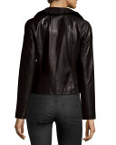 Lightweight Ruffle-Collar Leather Jacket, Black