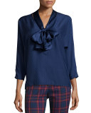 3/4-Sleeve Silk Jacquard Tie-Neck Top, Midnight