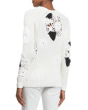 Ribbed Crewneck Sweater w/Crocheted Insets, White/Black