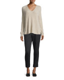Ribbed Wool/Cashmere-Blend V-Neck Sweater, Light Heather Marzipan