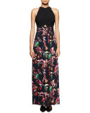 Tropical-Print Sleeveless Maxi Dress, Navy/Red/Pink