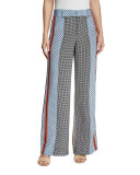 Mixed-Print Silk Wide-Leg Trousers, Light Pumice