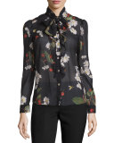 Tie-Neck Flowers & Cherries Chiffon Blouse 
