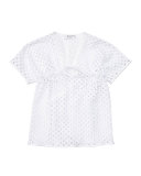 Short-Sleeve Netted Swim Coverup, White, Size 8-14