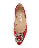 Hangisi Crystal-Buckle Satin Flat, Crimson