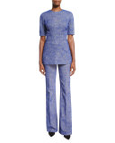 Swirl Jacquard Short-Sleeve Peplum Top, Lapis
