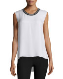 Romy Silk Tank w/ Tipped Contrast, Blanc