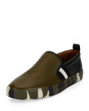 Herald Leather Slip-On Sneaker w/Camo Sole, Green/Black/White