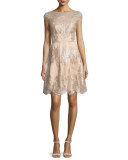 Cap-Sleeve Metallic Lace Fit-and-Flare Dress, Mocha