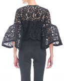Bell-Sleeve Lace Jacket with Bow, Black