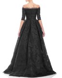 Off-the-Shoulder 3/4-Sleeve Fil Coupe Ball Gown, Black