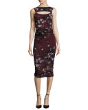 Sleeveless Floral-Print Ruched Dress w/ Cutout, Plum