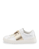 Metallic-Band Leather Sneaker, Bianco/Platinum