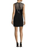 Sleeveless Jewel-Neck Combo Sheath Dress, Black