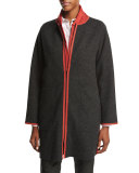 Collarless Contrast-Trimmed Wool-Blend Coat, Smoke/Carnelian