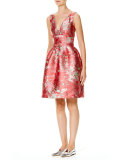 Sleeveless V-Neck Jacquard Cocktail Dress, Red/Multi