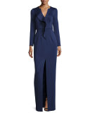 Long-Sleeve Ruffle Ponte Column Gown, Navy