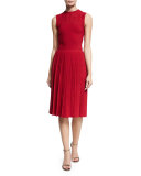 Sleeveless Pleated-Skirt Knit Dress, Berry