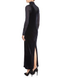 Velour Ribbed-Trim Maxi Slip Dress, Navy