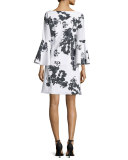 Bell-Sleeve Blossom Shift Dress, Black/White