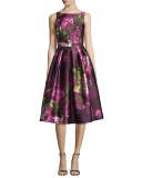 Sleeveless Pleated Floral Cocktail Dress, Magenta