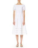 Illusion-Trim Short-Sleeve Midi Dress, White