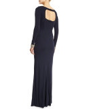 Embellished-Cuff Ruched Gown, Navy