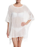 Embroidered Fringe-Trim Poncho Coverup
