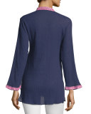 Shani Long-Sleeve Embroidered Tunic, Navy/Pink