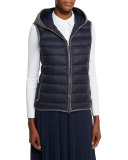 Contrast-Trimmed Hooded Puffer Vest, Navy
