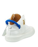 Men's 100mm Leather Mid-Top Sneaker, White Neon/Blue