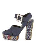 Anjelica Crystal Denim 130mm Sandal, Blue