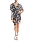 Abstract-Print Kimono Coverup W/Mesh Inset, Black/White 