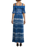 Chiffon Flower Spell Cold-Shoulder Top, Cobalt Blue/Cream